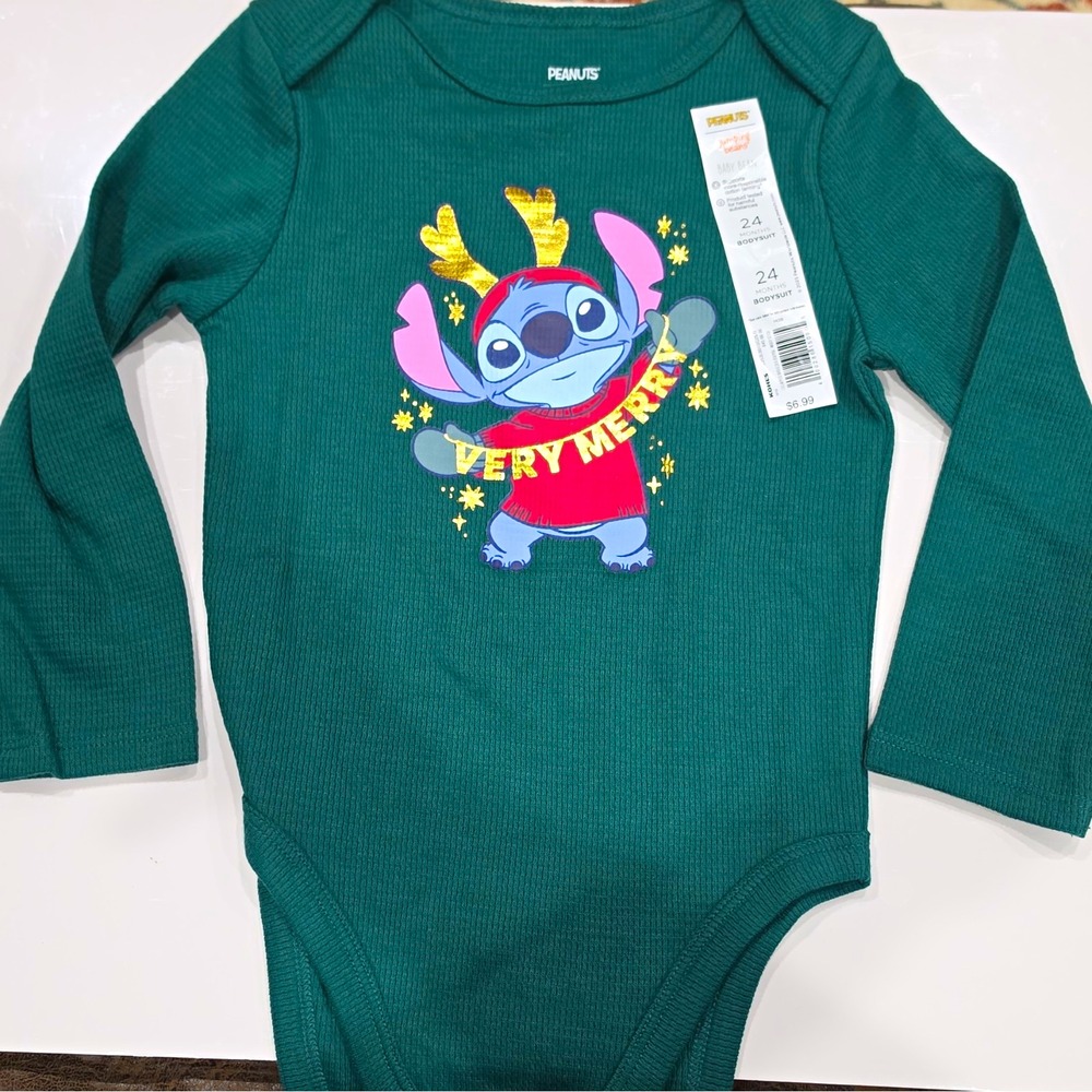 Jumping Beans 18-24 Mos Stitch Christmas Green Long Sleeve Bodysuit NWT